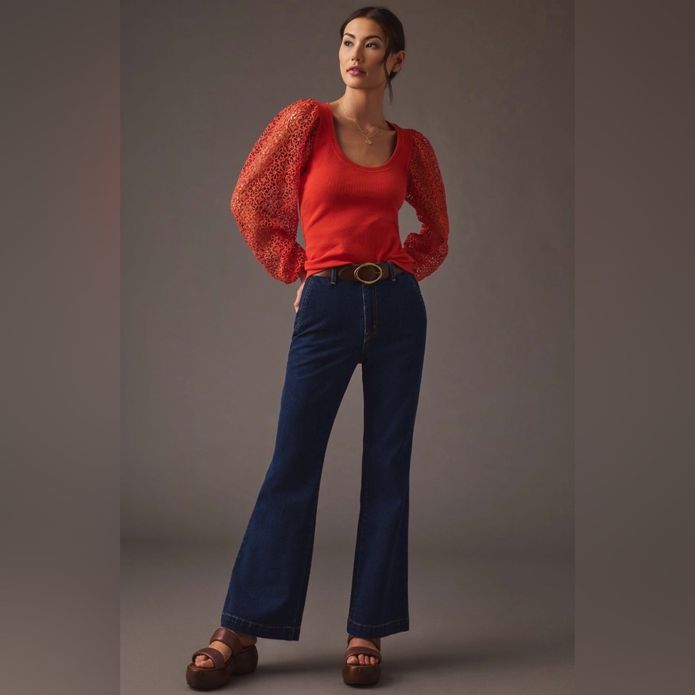 Anthropologie Maeve Lace Sleeve Top in Dark Orange Size Small.